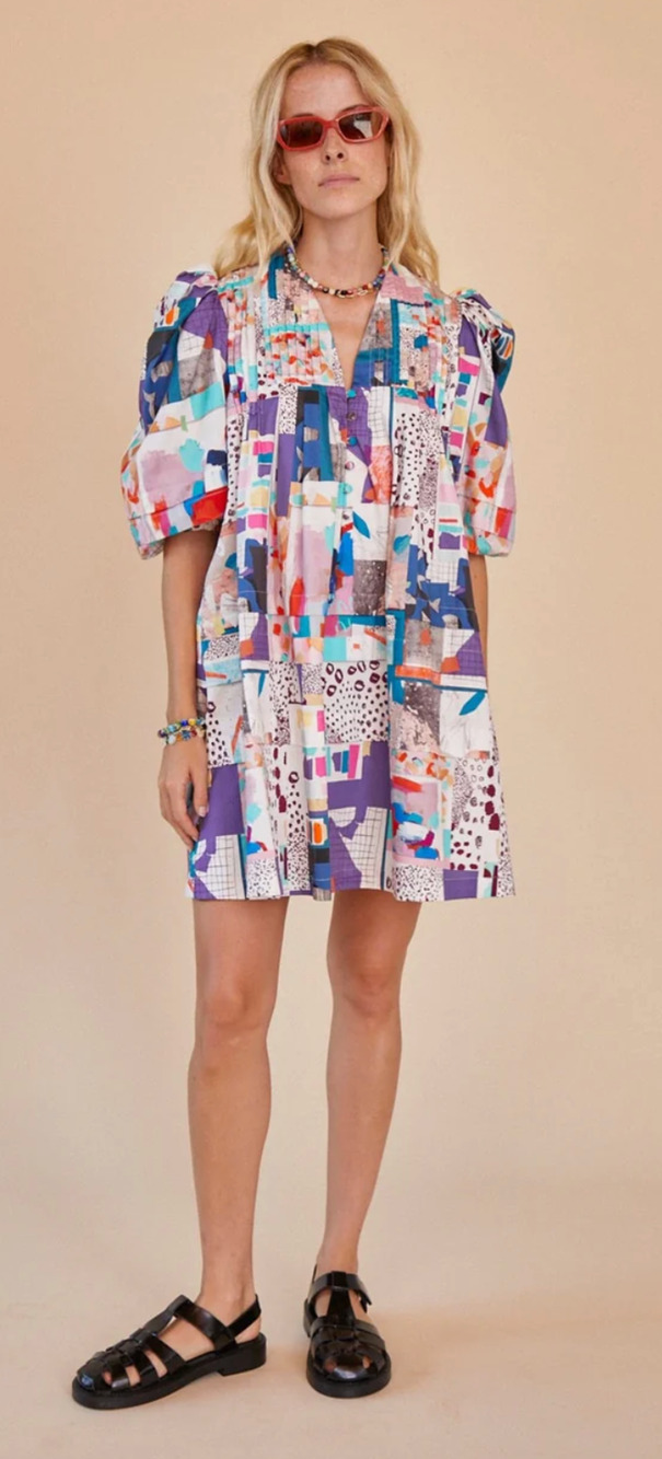Hunter Bell Tuckernuck Jenkins Mini Dress Patchwork Print Cotton Puff Sleeve XS